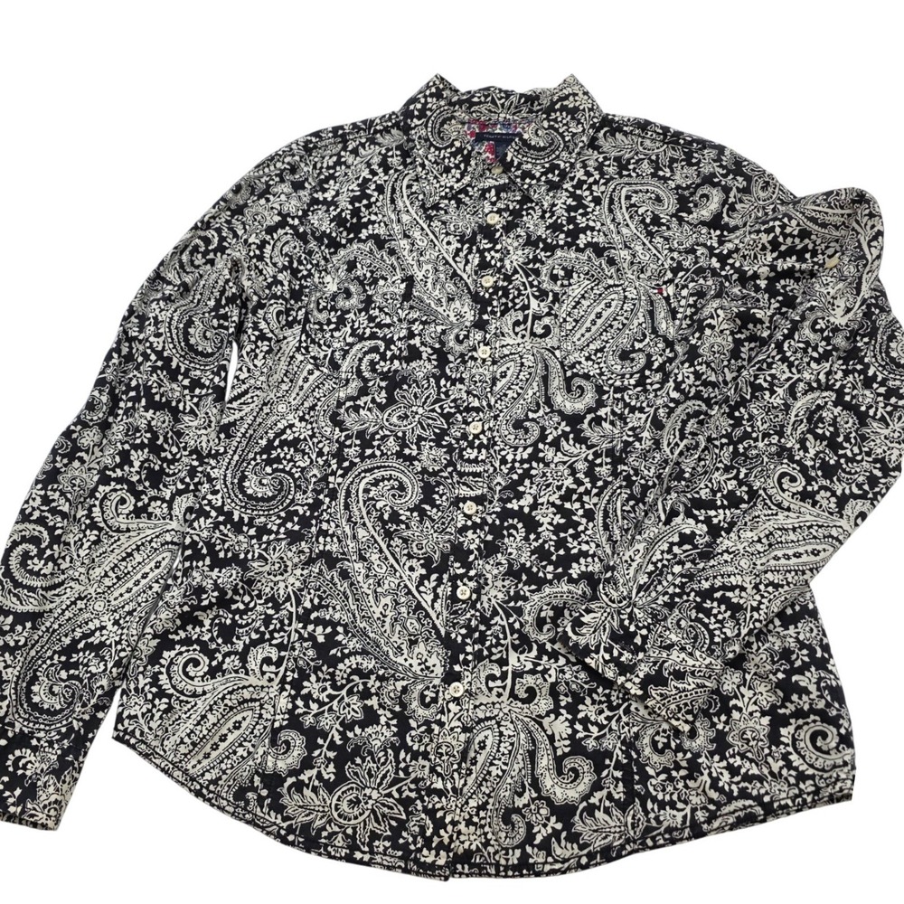 Preppy Hilfiger Button Down Shirt Women M Black White Classic Paisley Print Work